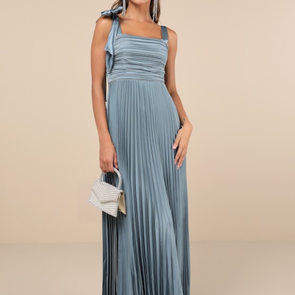 Lulus Gorgeous Purpose Slate Satin Pleated Sleeveless Bow Maxi Dress Blue